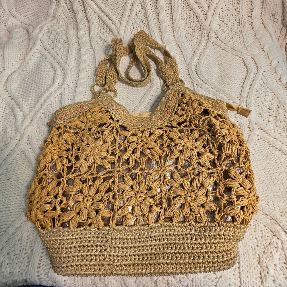 The Sak Crochet Satchel Shoulder Bag Tan Floral Woven‎ Straw Summer Cottagecore